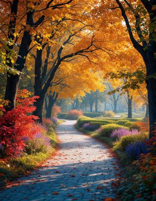 The primary subject of the image is a brick path surrounded by trees and flowers. The setting is a park with a beautiful autumn atmosphere. The visual style is a photo, capturing the vibrant colors of the fall season. The dominant colors are red, orange, and yellow, creating a warm and inviting mood.